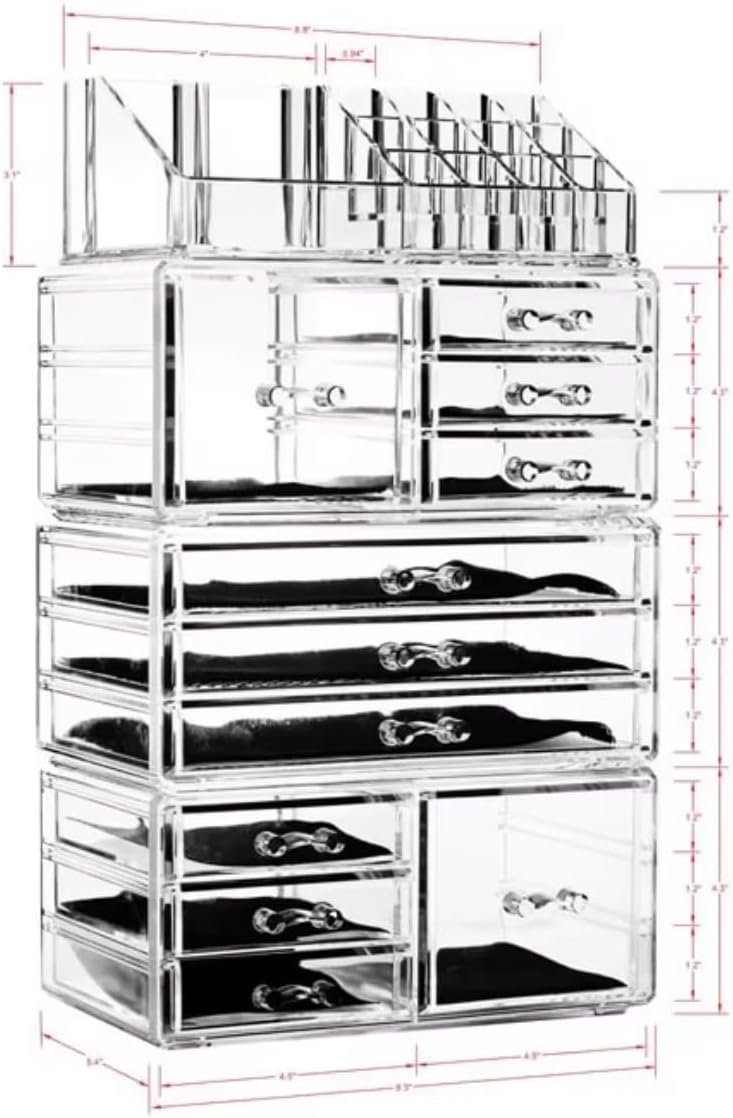 Acrylic 4 Pack Makeup Organizer with 11 Drawers, Clear, Stackable Cosmetic Organizer For Lipstick, Jewelry and Makeup Brushes, Beauty Storage With Drawers For Dresser And Bathroom.
