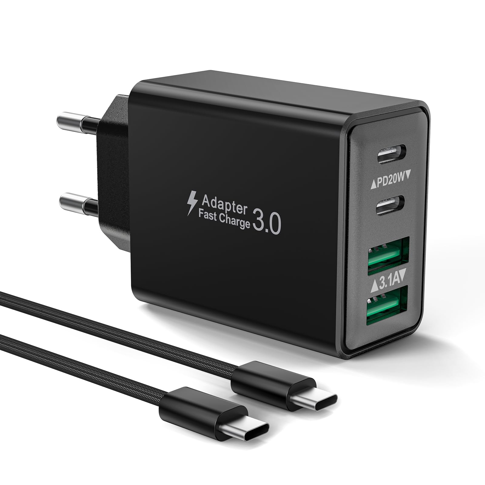 40W 4-Porto Caricatore USB C with 2M Cavo USBC Rapido Presa Caricabatterie for iPhone 17 16 15 Pro Max Plus, iPad, Samsung Galaxy S25/S24, Spina USB Multiplo Alimentatore Adattatore Carica