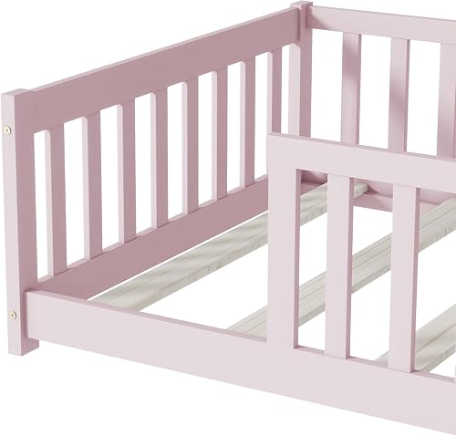 Miniatura 73 de Harper & Bright Designs Cama de suelo tamaño Queen con valla y puerta, marco de cama Montessori de madera para niños, niñas, listones incluidos, no
