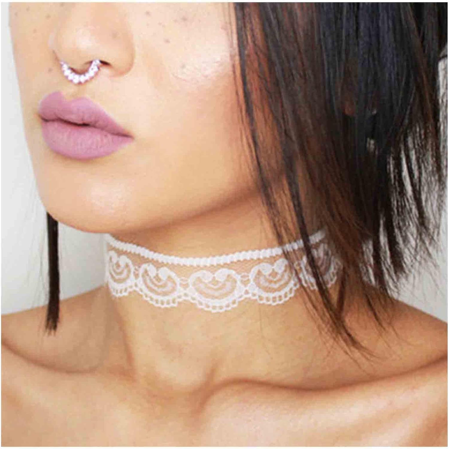 Yheakne Boho Flower Lace Choker Necklace White Hollow Lace Necklace Thin Tulle Collar Necklace Vintage Tattoo Necklace Chain Jewelry for Women and Girls (White)