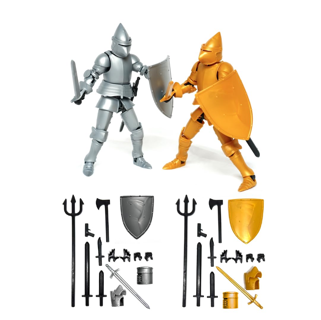 SALONIKA T13 Action Figure, Dummy 13, Figura De Accion, Caballero Medieval, Set de 2 Figuras, 15 Articulaciones, 8 Accesorios, Dorado y Plata (Blanco y Negro)