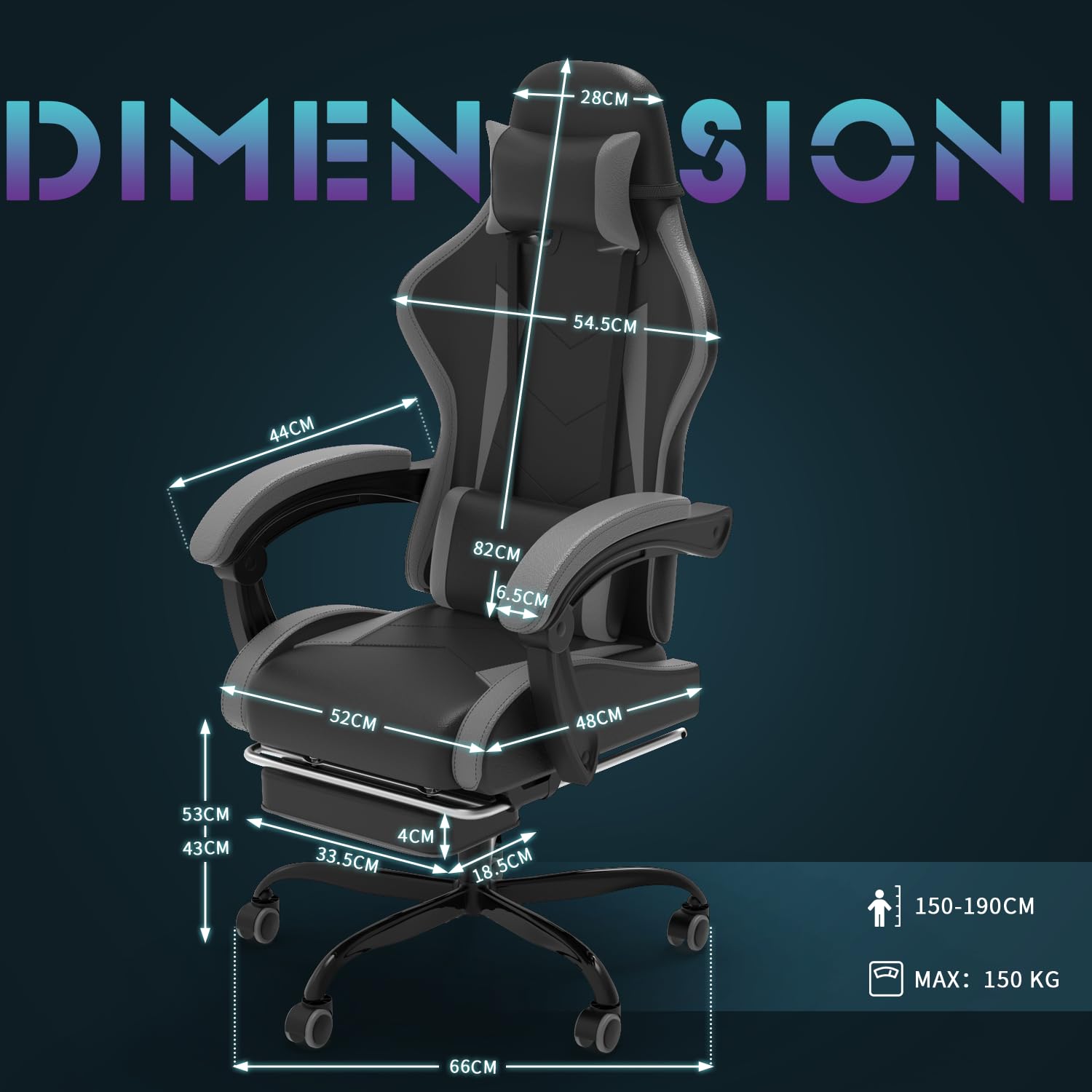 Devoko Sedia da Gaming Massaggiante con Poggiapiedi Telescopico, Sedia Gamer con Cuscino Lombare Massaggio & Poggiatesta, Ergonomico Sedia da Ufficio Schienale Regolabile 90-135° Portata 150kg(Grigio)