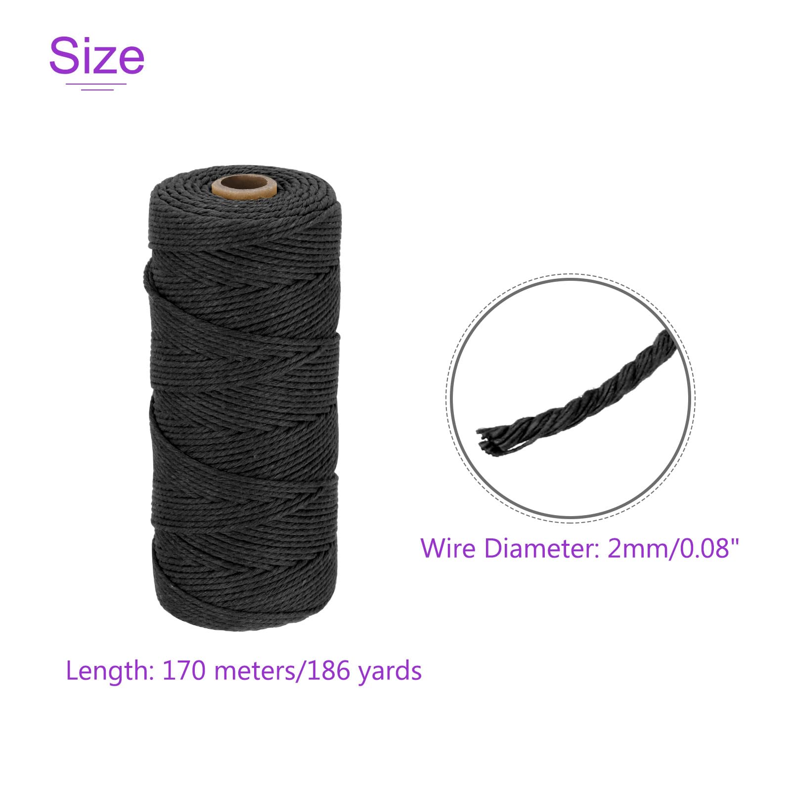 DMiotech 2mm x 170M (186 Yard) Black Natural Cotton Macrame Rope - Image 4