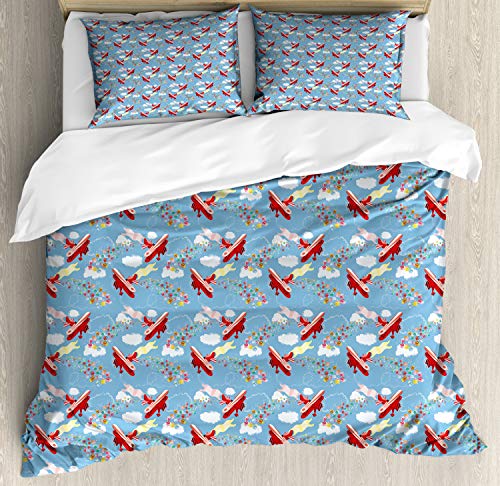 ABAKUHAUS Avión Funda Nórdica, Dirigibles Actuales Rectángulos, Decorativo 3 Piezas con 2 Fundas de Almohada, 230 x 220 cm - 70 x 50 cm, Multicolor