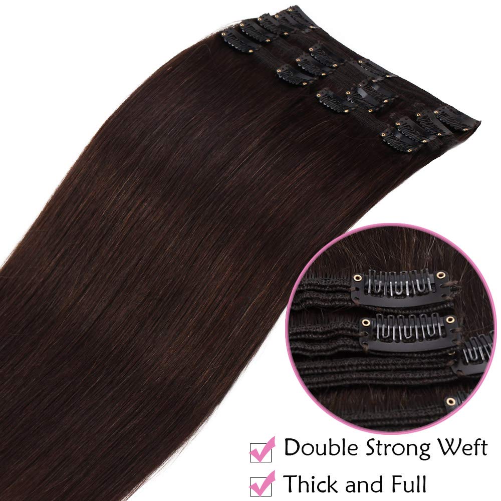 SEGO Extension Capelli Veri Clip Castano Lisci Volumizzante Double Weft 8 Fasce 100% Remy Human Hair Lunghi Umani 30cm 115g Testa Piena #2 Marrone Scuro