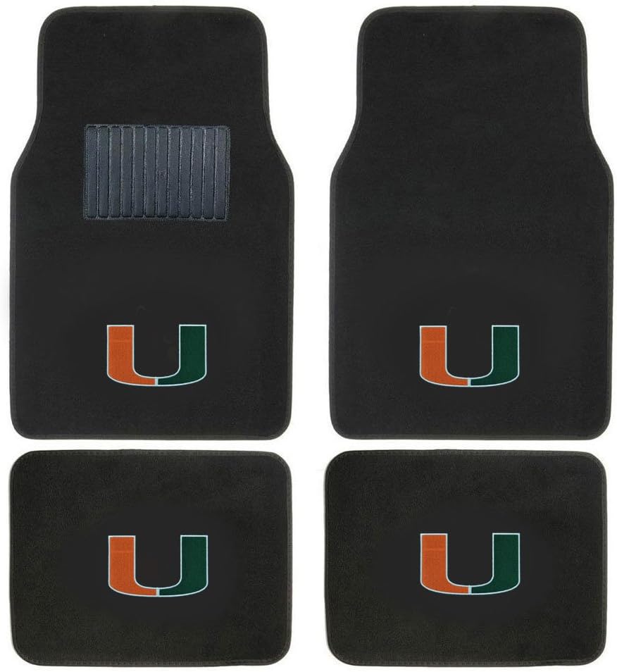 AAC FANMATS NCAA Carpet Floor Mats Bundle with Head Rests for Miami Hurricanes Fans Officially Licensed(6 Items)