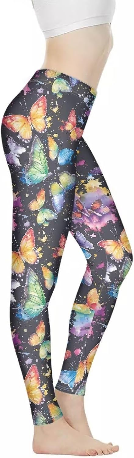 Mexican Skull Women's High Waisted Yoga Pants, Colorful Butterfly Tummy Control Pant Rose Letter Athletic Leggings