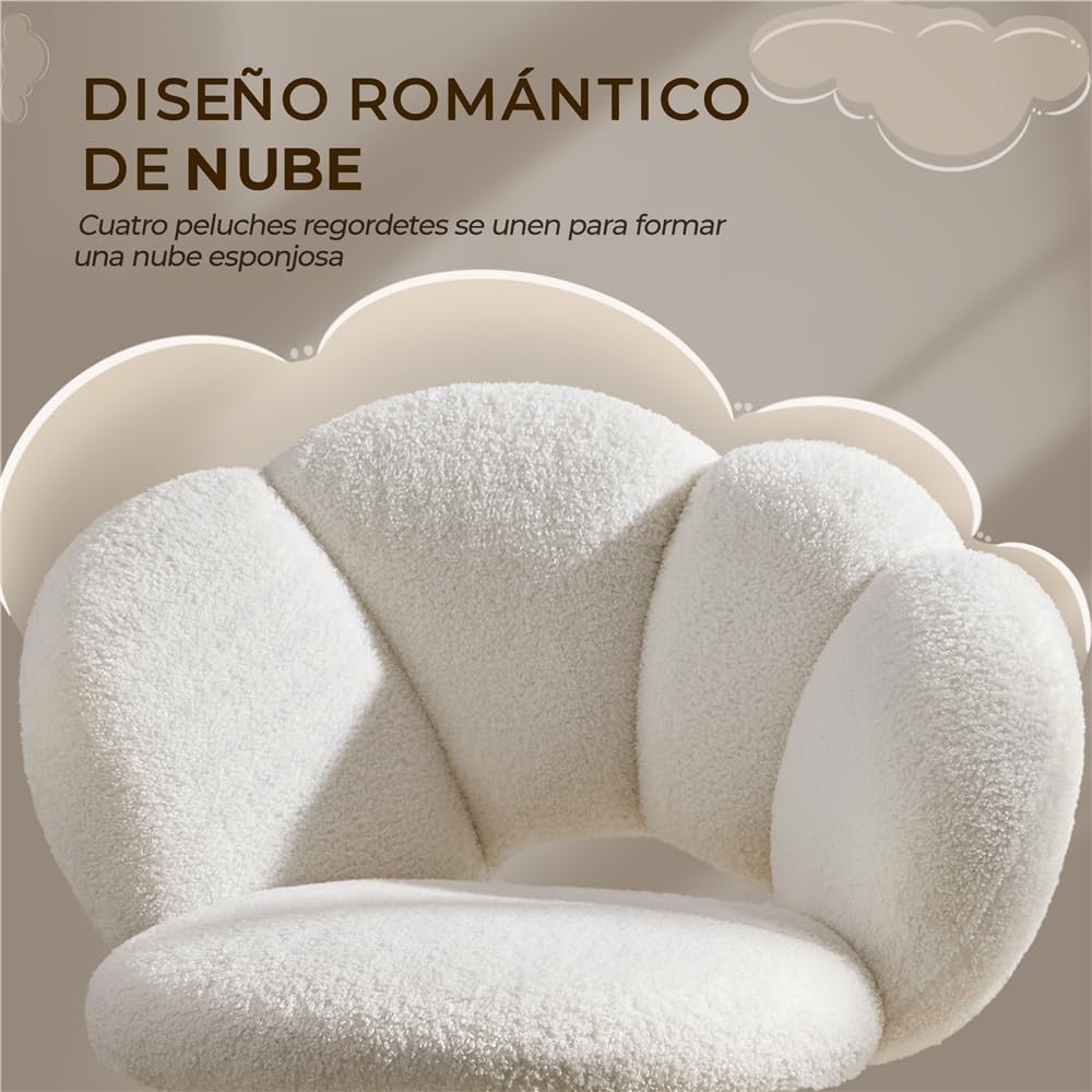 Yaheetech Silla de Escritorio Silla de Oficina Ergonómica sin Brazos Tapizada Blanca con Ruedas Giratorias Respaldo Diseño Nube en Tejido Bouclé Altura Ajustable