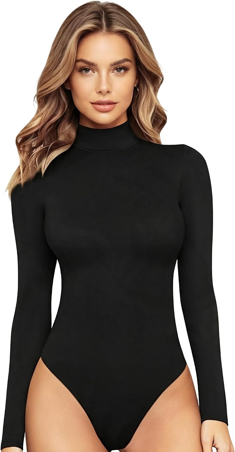 Sweet seven® Long Sleeve Turtleneck Bodysuit for Women, Ribbed Knit Pullover, Crew Neck Base Layer Tops