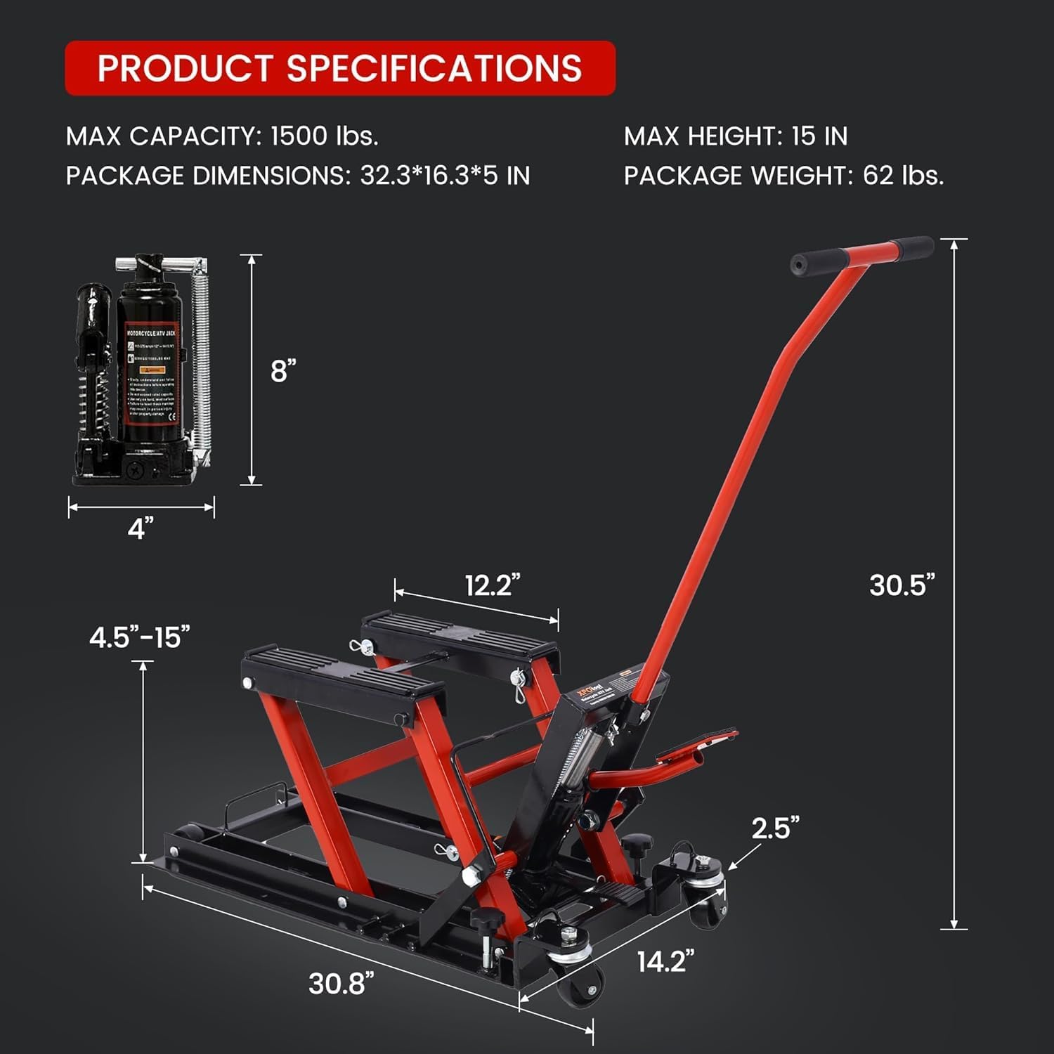 1500LB Hydraulic Motorcycle Lift Jack, Foot-Operated Scissor Lift Table for ATV with 4.5-15" Lift Range, Portable Motorcycle Jack with Wheels, Red