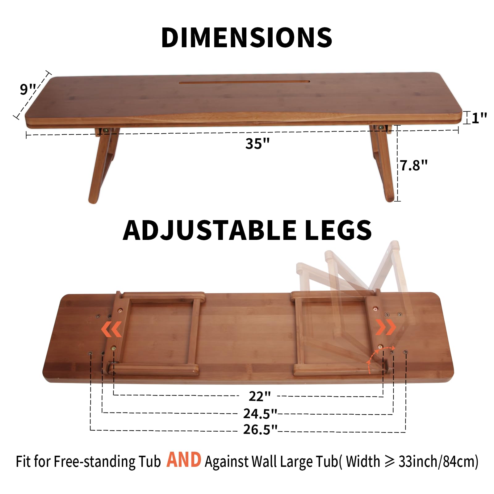Bandeja para bañera con patas plegables ajustables, tablero grueso de bambú sólido, diseño minimalista, bandeja versátil para cama, sofá y mesa, resistente y duradera