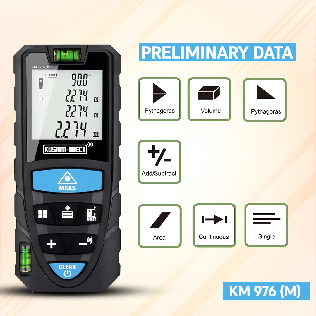 KUSAM-MECO 976 (M) Laser Distance Meter 0.05 to 100 Meters, Lightweight Design, Angle Measurement |Auto Power Off |Easy to Operate| 1 Year Warranty 1