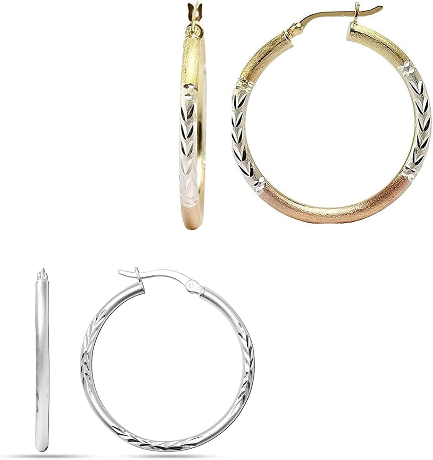 LeCalla Sterling Silver Set of 2 Pair Bundle Three-Tone Diamond-Cut Hoop Earrings for Women