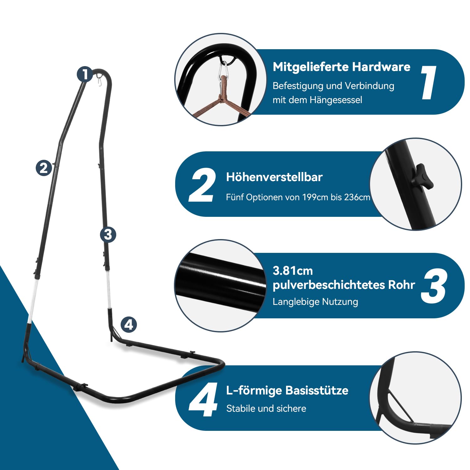 Hängestuhlgestell, höhenverstellbar 200–235 cm, Tragkraft 150 kg, Robuster Ständer für Hängesessel, Solide Stahlkonstruktion, Hängesesselständer mit Pulverbeschichtung, für drinnen und draußen