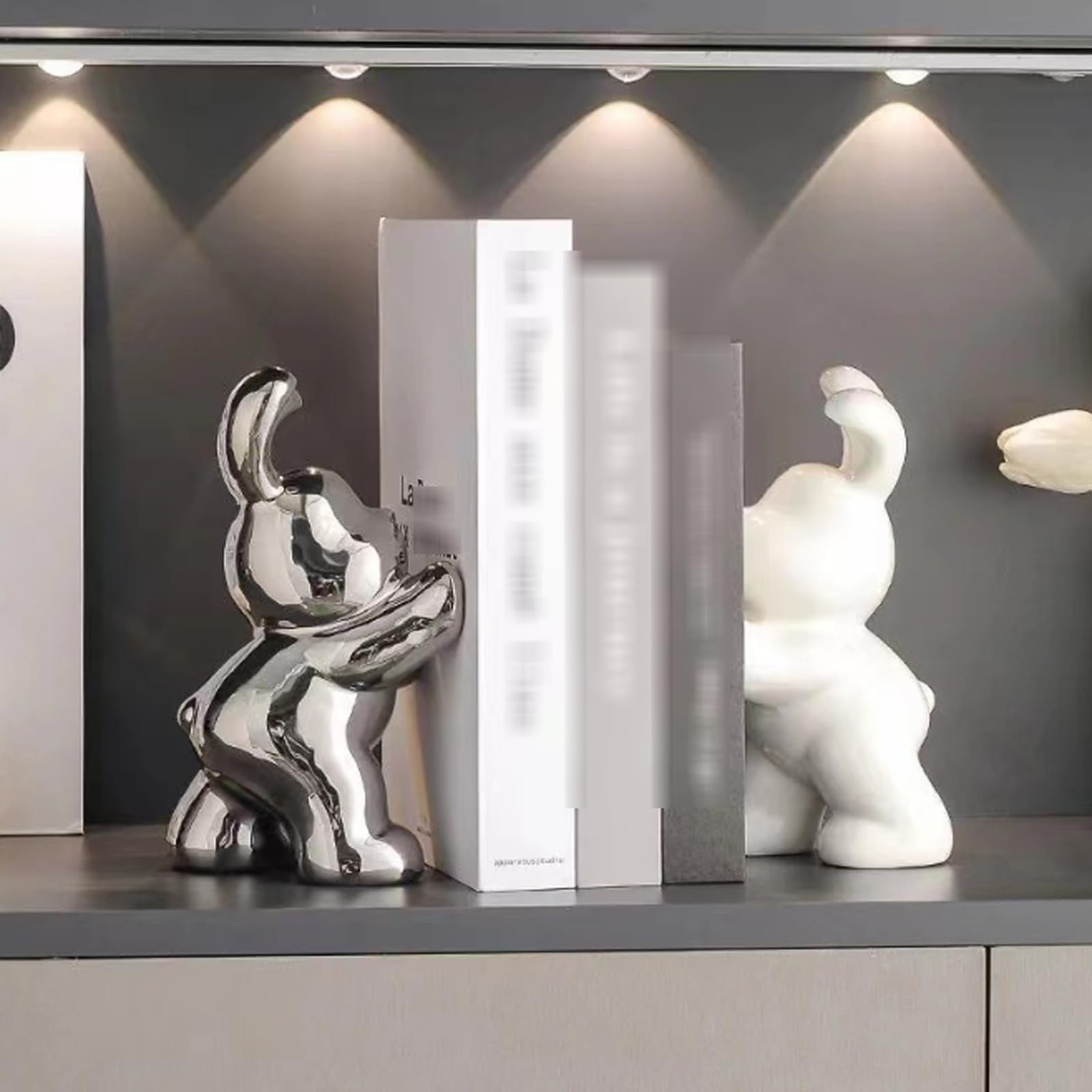 Kreatywne podpórki do książek w kształcie królika na półki 2 szt. Ceramiczne Nowoczesne dekoracyjne stojaki figurki zwierząt(Silver)