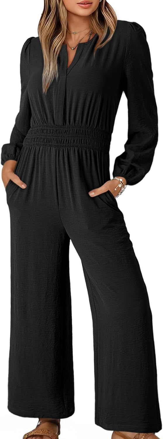 Dokotoo Women's Casual Jumpsuits Loose Long Sleeves Overalls One Piece Button Wide Leg Pant Rompers With Pockets