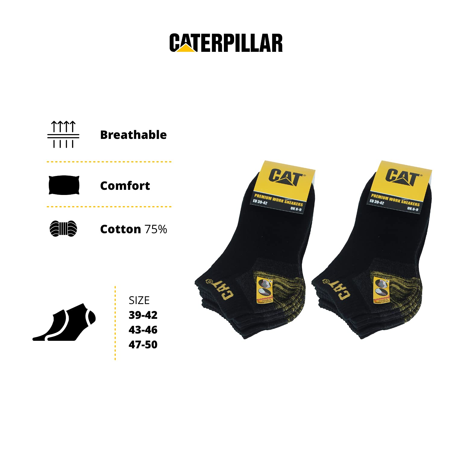 Caterpillar 6 Paires Chaussettes Sneaker Travail - Double Renfort Pointe Talon - Coton