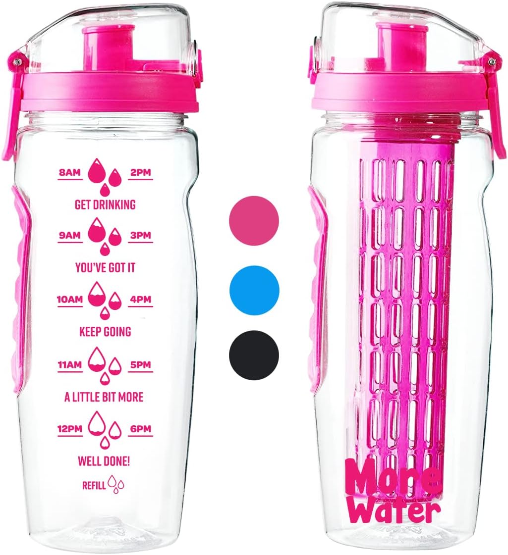 Water Bottle With Fruit Infuser + Time Markings - Motivational Diffuser Litre Drinking Bottles - Times To Drink