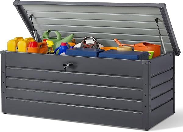 600L Extra Large Garden Storage Box Waterproof | Lockable Metal Garden Storage Box with Built-in Lock, XXL Outdoor Storage Unit for Cushion, Tools, Toys, 165x70x62 cm, Anthracite Grey - 1