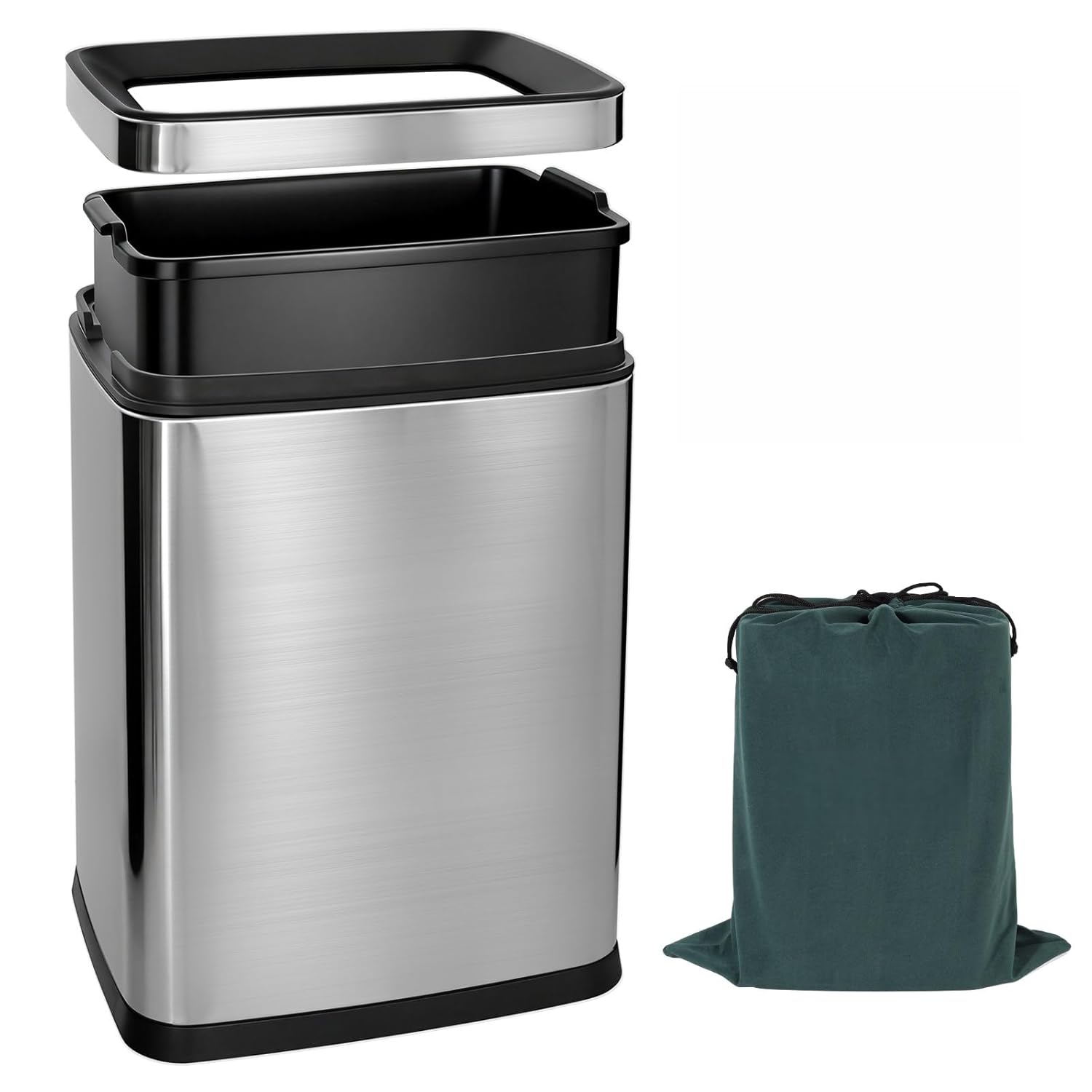 Luxury Office/Hotel Stainless Steel Trash Can No Lid, Double Layer Garbage with ABS Inner Can,Bedroom Wastebasket,Modern Touchless Hotel/Office/Home Waste Bin(Sliver)