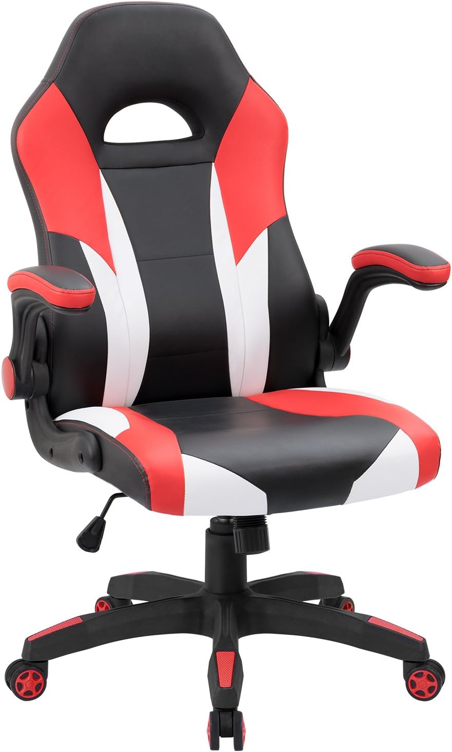 JUMMICO Gaming Chair Ergonomic Leather Racing Computer Chair High Back Adjustable Swivel Executive Office Desk Chair with Flip-Up Armrest (Red)