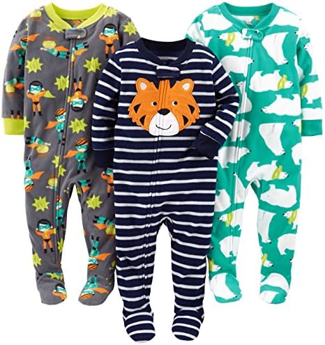 Simple Joys by Carter's Baby Boys' Loose-Fit Flame Resistant Fleece Footed Pajamas, Pack of 3, Tiger/Polar Bear/Superhero, 18 Months