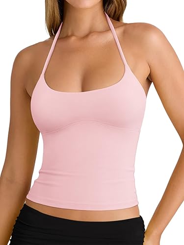 REORIA Women's Sexy Halter Backless Double Lined Tank Top Y2k Trendy Camisole Crop Tops - X-Small - Blush Powder