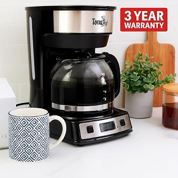 Koolatron Total Chef 12 Cup Coffee Maker, Programmable Drip Coffee Machine, Glass Carafe, Reusable Basket Filter, Black and Silver