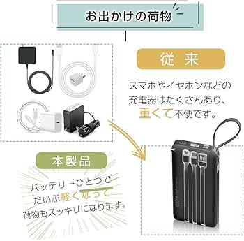 明誠 モバイルバッテリー Amazon | 明誠 モバイルバッテリー 12000mAh ケーブル内蔵 大容量 小型