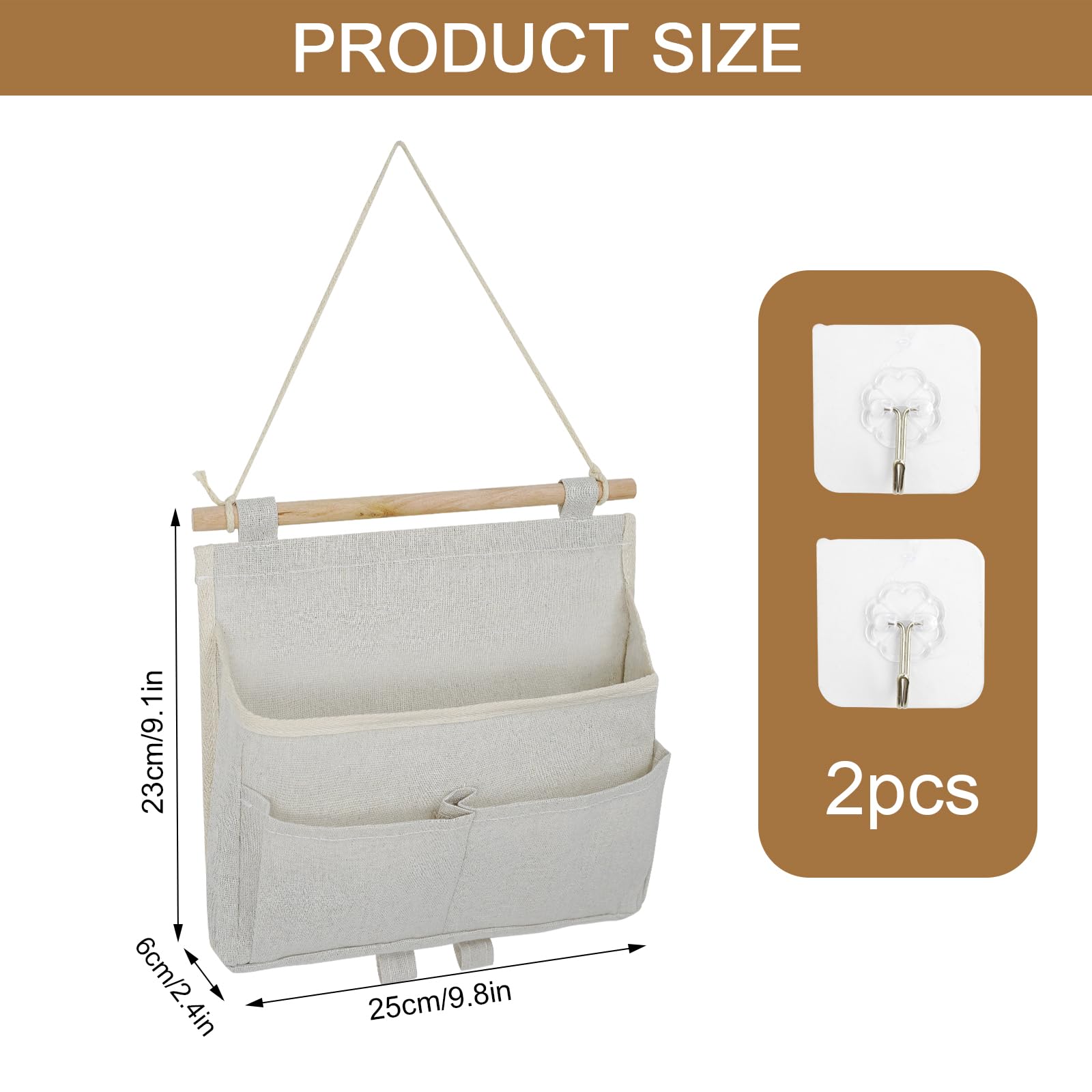 GOWTX 2Pcs Wall Hanging Storage Bag, Linen Fabric Hanging Storage, High Capacity Hanging Storage Bag with Pockets - Image 2