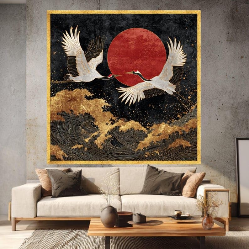 Tableau Grues en Vol pour Salon Zen | Déco Asiatique 60x60 cm