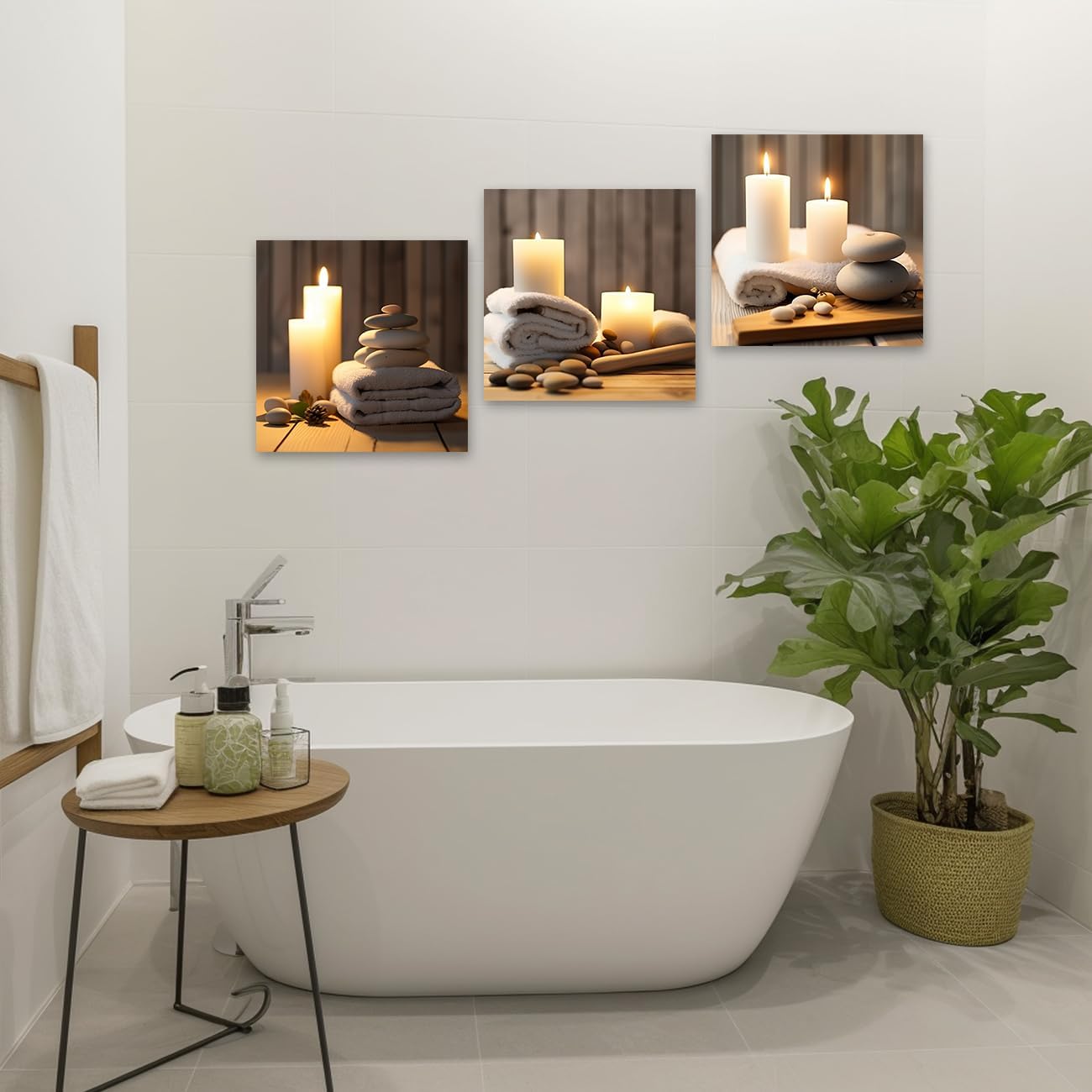 CXHOSTENT Zen Canvas Wall Art 3 Pieces Zen Stone Candle and Bath Towel Picture Prints Spa Paintings Bathroom Decor for Spiritual Meditation Yoga Room (Zen-4, 10.00"x10.00"x3P)