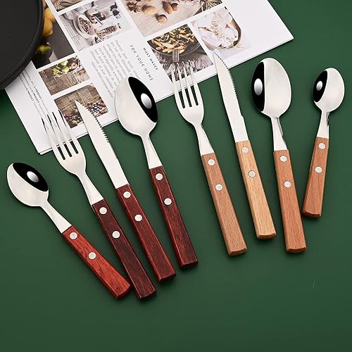 Miniatura 7 de Uniturcky Juego de cubiertos de mango de madera, juego de cubiertos de acero inoxidable 304, tenedores, cucharas, cuchillos, cubiertos para 2