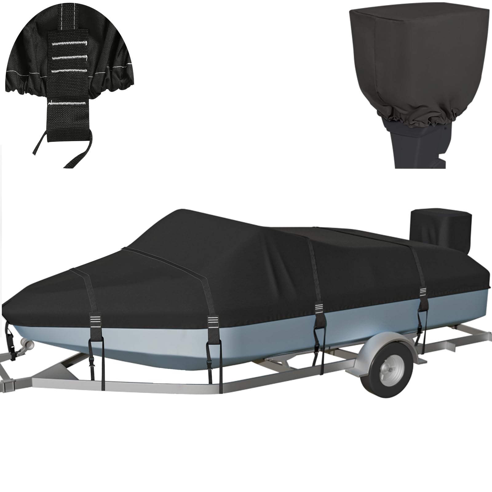 Upgraded 900D Solution-Dyed 100% Waterproof Boat Cover 16-18.5ft, Heavy Duty Trailerable Winter Bass Boat Cover 16-18.5 Foot V-Hull Tri-Hull Runabout Pro-Style Fishing Boat Cover