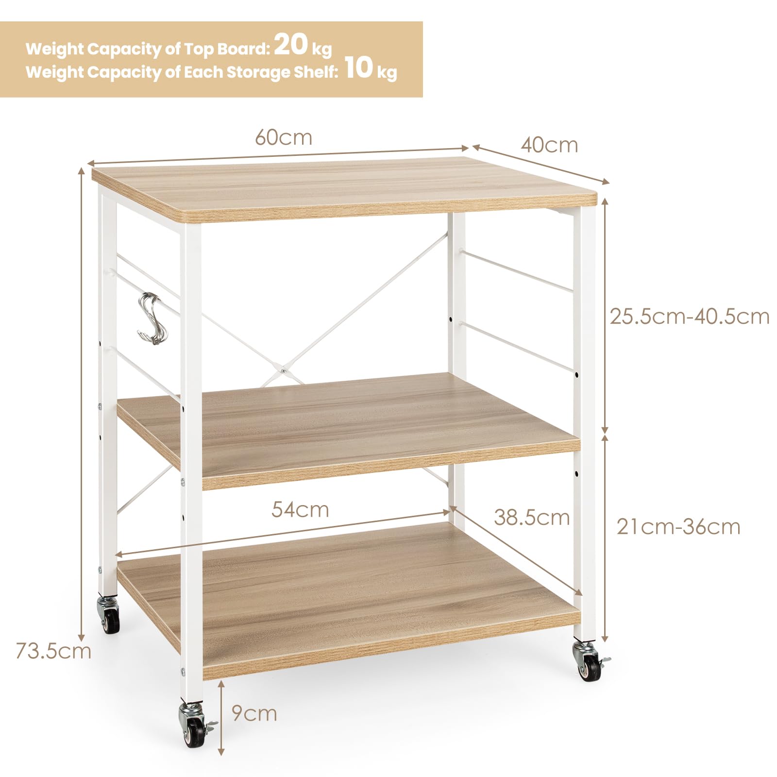 HOMASIS Carrello Porta Stampante a 3 Livelli in Legno, Carrellino con Ruote Portatutto con 10 Ganci, Struttura a X, Ripiani Regolabili 2 Ruote con Freni, Scaffale Multiuso per Ufficio (Beige)