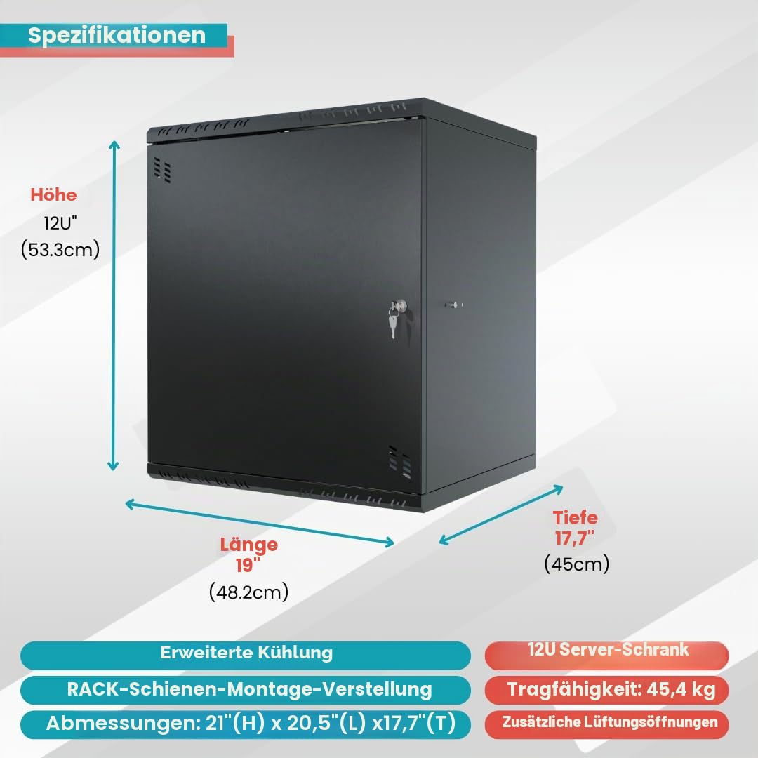 Netzwerkschrank 19 Zoll - Serverschrank 12HE - Server Rack für Wandmontage - Traglast 55kg - 450mm Tiefe - Serverschrank 19 Zoll zum Serverraum, Büro - Schwarz