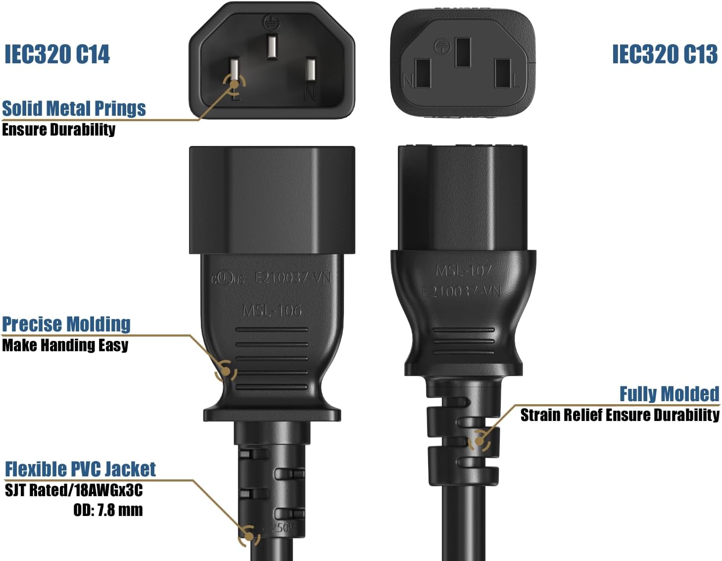 Cable Leader 3ft IEC-320 C13 to C14 Heavy-Duty Power Extension Cord 18 AWG 10A/250V SJT, Computer to PDU CPU Power Extension Cable, PC Power Cable