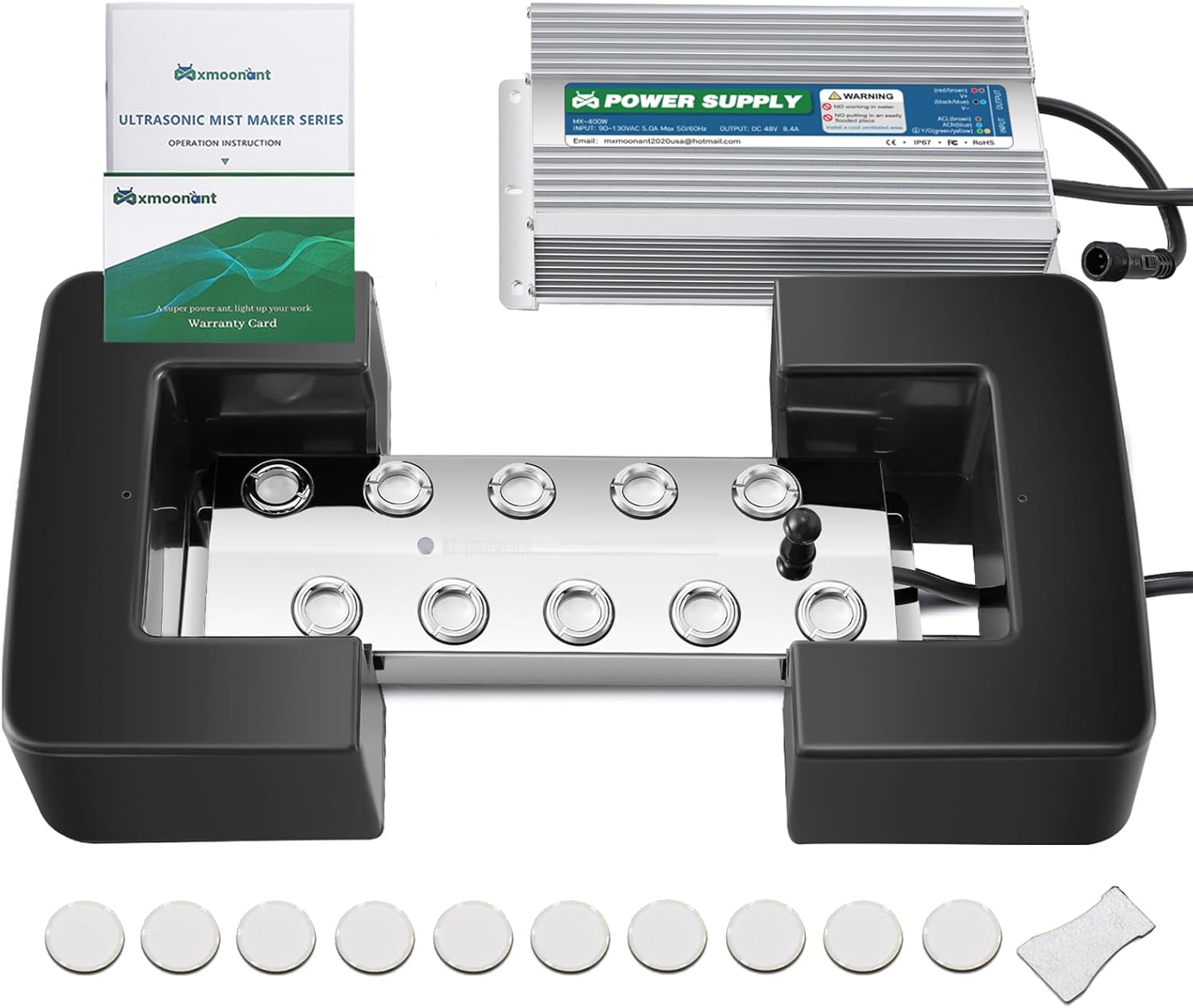 Mxmoonant 10 Head Ultrasonic Mist Maker Fogger 7000mL/H w/10pcs Ceramic Discs & Float, 400W Power Supply, Water Fountain Pond Fog Machine Square Atomizer Air Humidifier with Float for Pond Aquarium Ro