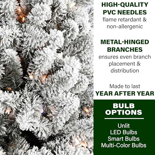 Fraser Hill Farm 12-Ft. Alaskan Pine Flocked Artificial Christmas Tree with Warm White LED Lights and Stand, Prelit Foldable Fake Tree with Realistic Snowy Foliage for Home Decoration
