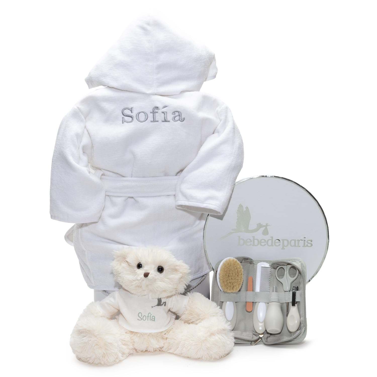 BebeDeParis | Canastillas para Bebes Cosmética Natural Bordado con el nombre | Set Estuche con todo lo necesario Para el Cuidado y Baño del Bebé (Estuche + Albornoz + Oso)