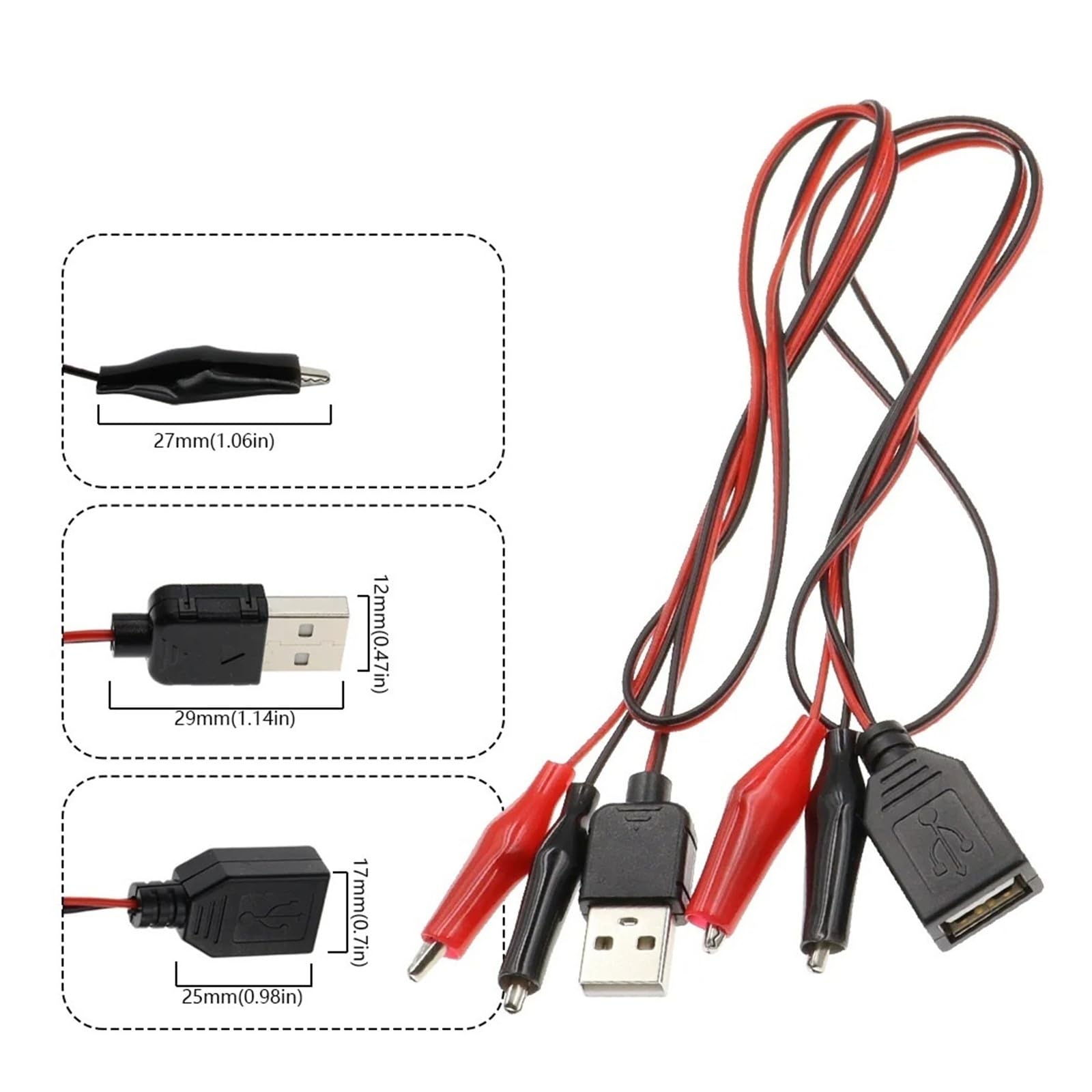 60 cm USB to Crocodile Test Clip Cable Male Female Power Adapter (Female Head)