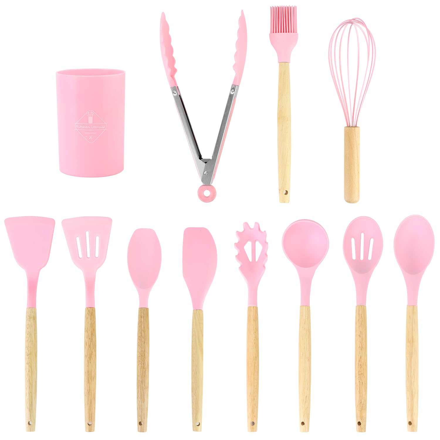 Ustensiles de cuisine rose QWORK en silicone avec fouet et louche (12 pièces)