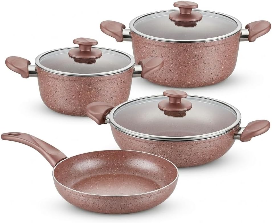 Papilla Optimum Argos 7 Par a Tencere ve Tava Seti - Pembe K r l Renkli Yanmaz Yap maz  eyiz Paketi Cam Kapakl  20/24/26 cm Tencere + 26 cm Tava