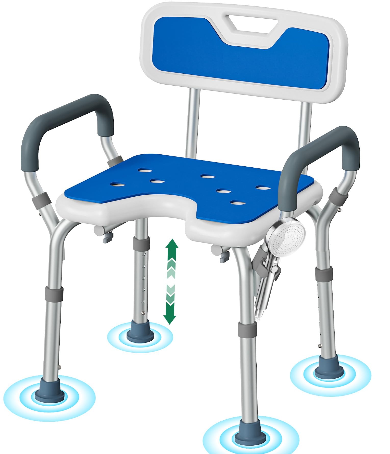 Sedia Doccia Regolabile con Braccioli – Sedile Doccia Antiscivolo a Forma di U con Schienale e Braccioli Imbottiti, Sgabello da Bagno Leggero per Anziani, Disabili e Recupero