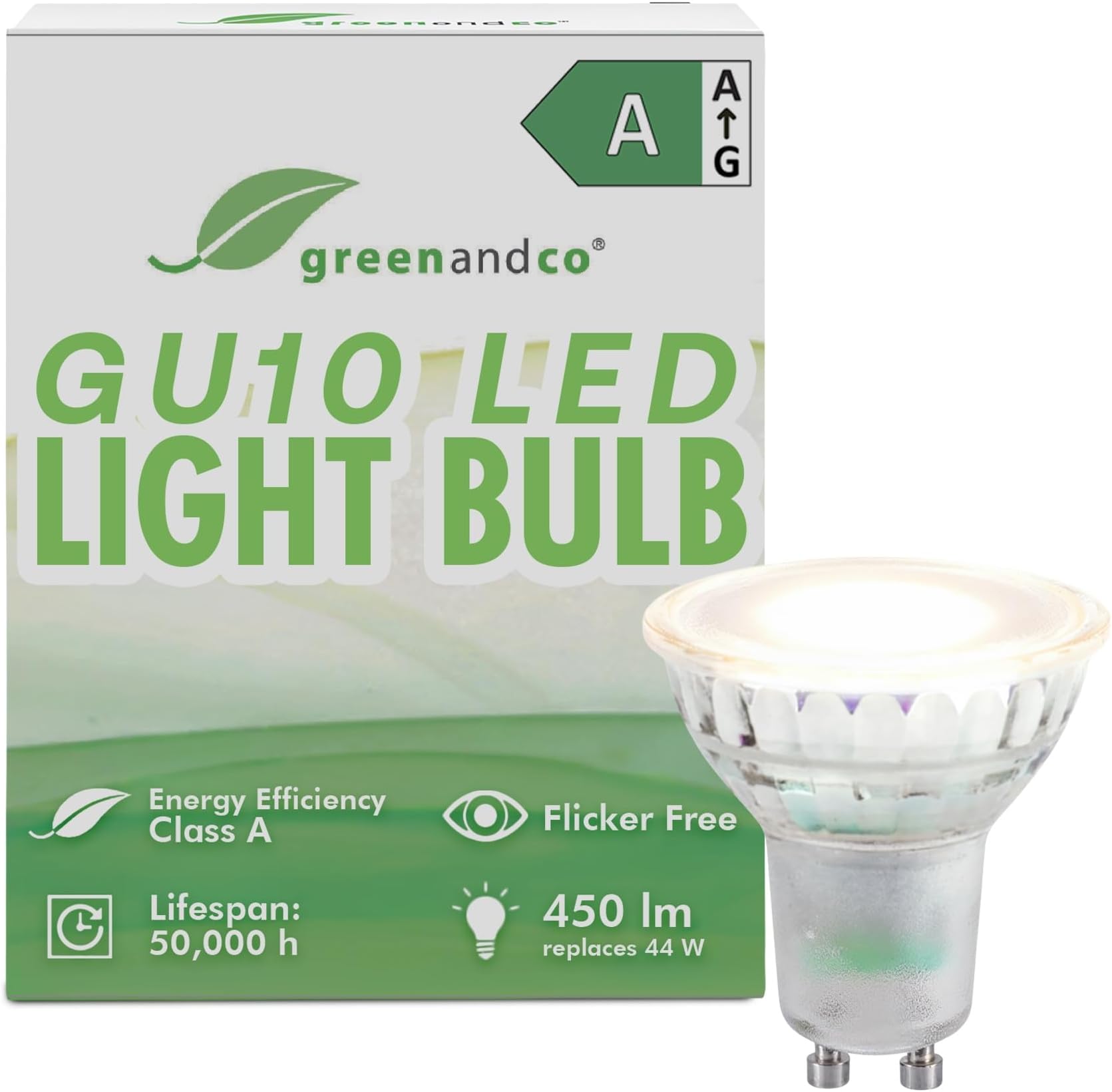 greenandco GU10 | Replaces 44 W | Neutral White 4000 K | 2.5 W 450 lm | 100° | Flicker-Free | Energy Efficiency Class A | 230 V LED Spot | Not Dimmable