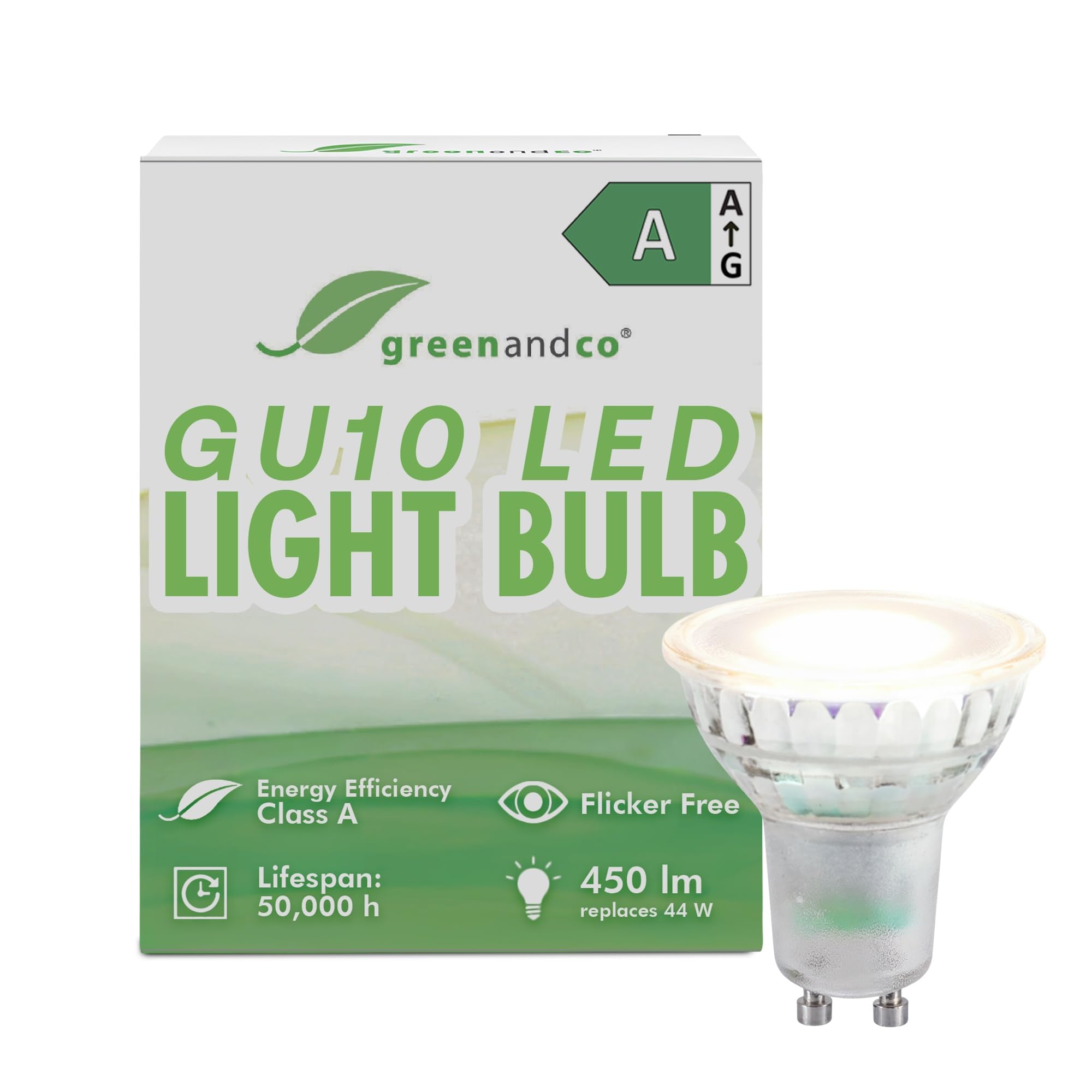 greenandco GU10 | Replaces 44W | Warm White 3000K | 2.5W 450lm | 100° | Flicker-Free | Energy Efficiency Class A | 230V LED Spot | Not Dimmable