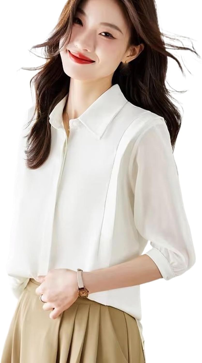 Women's Elegant Office Lady Solid Blouse Summer Loose Casual Simple Top Shirt Chiffon Blouse