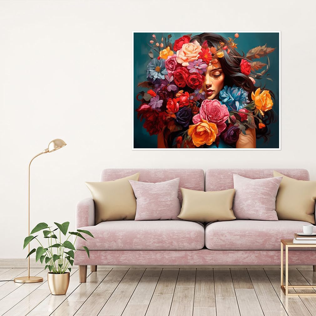 Clendo Flower Woman Paint by Numbers Kit for Adults, DIY Flower Paint by Numbers on Canvas, Colorful Picture Oil Painting Art and Crafts Kits for Wall Decor 16x20inch(Without Frame) image 4