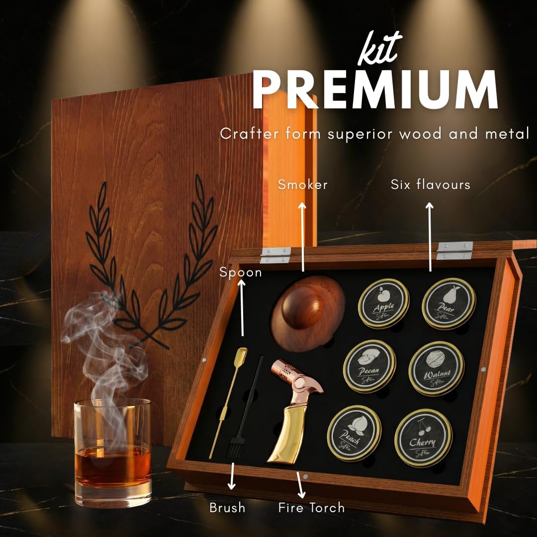 Whiskey Smoker Kit – Cocktail Smoking Kit for Smoked Whiskey, Bourbon & Old Fashioned Drinks, Wooden Gift Box Set with 6 Wood Chip Flavors and Smoking Tools