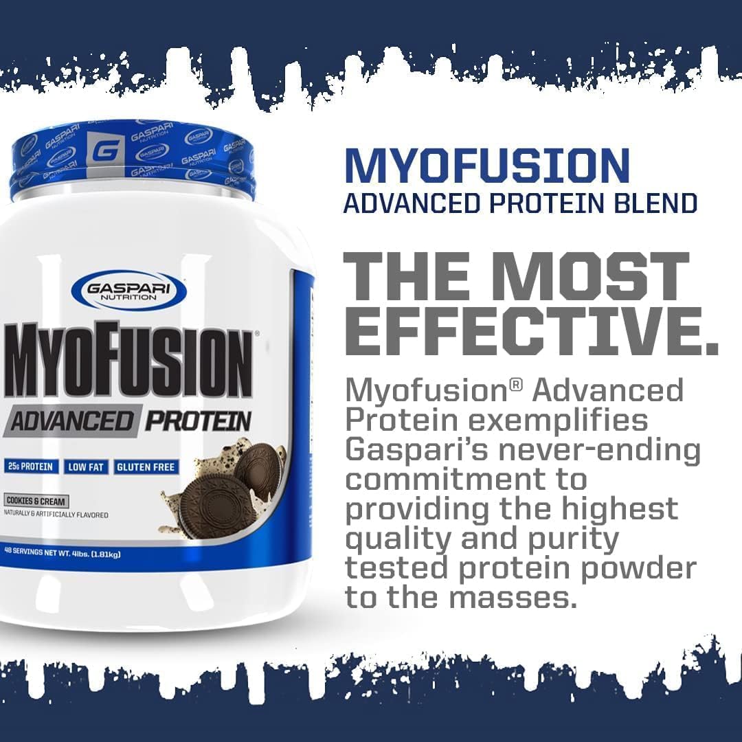 Gaspari Nutrition Myofusion Advanced Protein, Protein Blend with Whey Protein, Casein Protein and Isolate Protein, Low Fat and Gluten Free (Birthday Cake, 4 Pound)